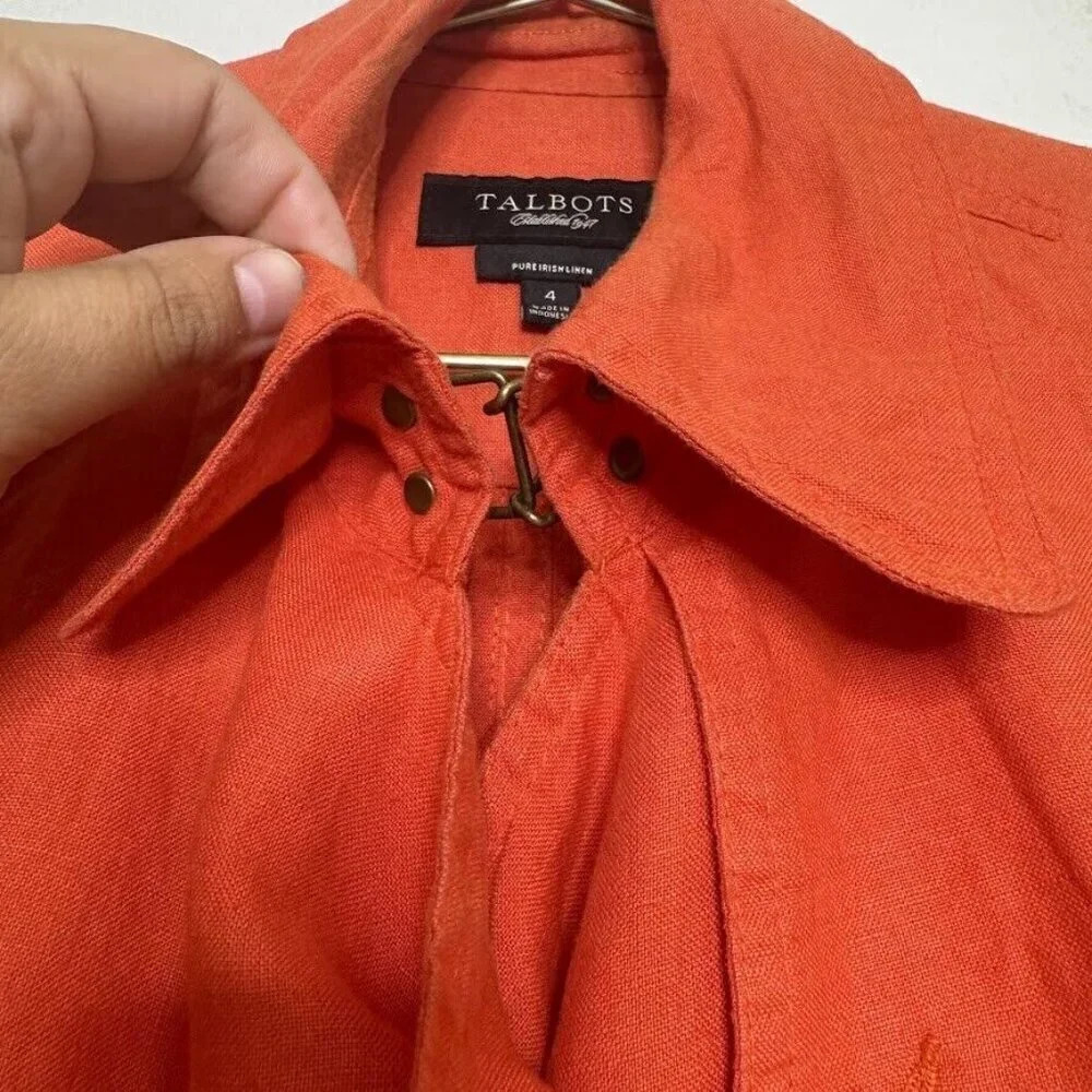 Talbots Orange Irish Linen Trench Coat Button Belted Summer Spring Jacket Sz 4P - Picture 9 of 14